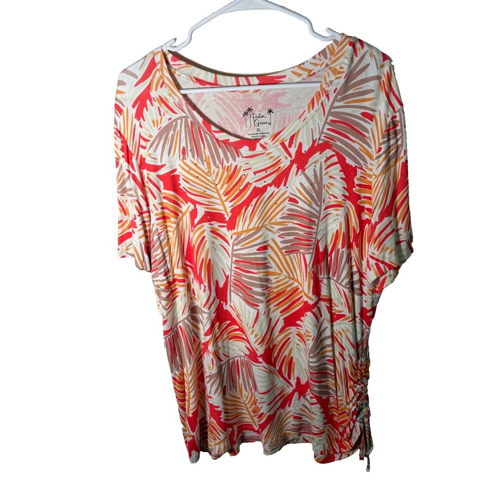 Palm Grove T-Shirt Women's XL Round Neck Printed Rhinestone Short Sleeve Top